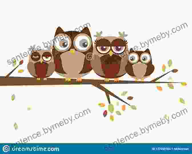 A Cartoon Illustration Of A Family Of Owls Perched In A Tree. Bird Lovers Colorful Cartoon Illustrations