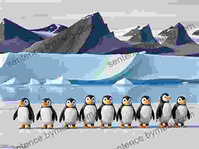 A Cartoon Illustration Of A Group Of Penguins Waddling Across The Ice. Bird Lovers Colorful Cartoon Illustrations