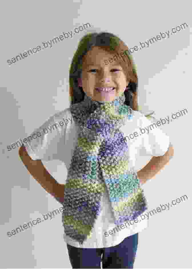 Close Up Of A Child Carefully Following The Knitting Instructions With A Colorful Knitted Scarf In The Background. Creative Kids Complete Photo Guide To Knitting